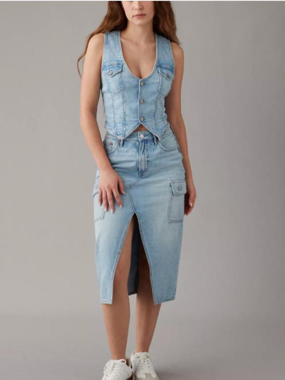 American Eagle Outfitters Dreamt Drape High-Waisted Card Denim Mini Skirt